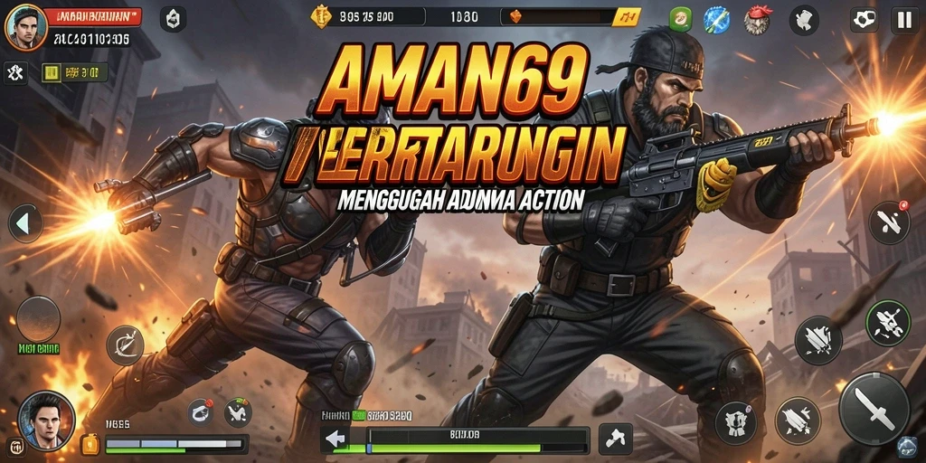 Tampilan beraksi seru dari gameplay AMAN69 di arena pertempuran.