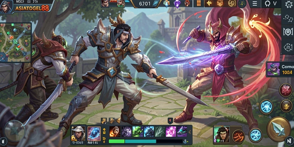 Screenshot gameplay ASIATOGEL88 yang menampilkan pertarungan MOBA yang seru.