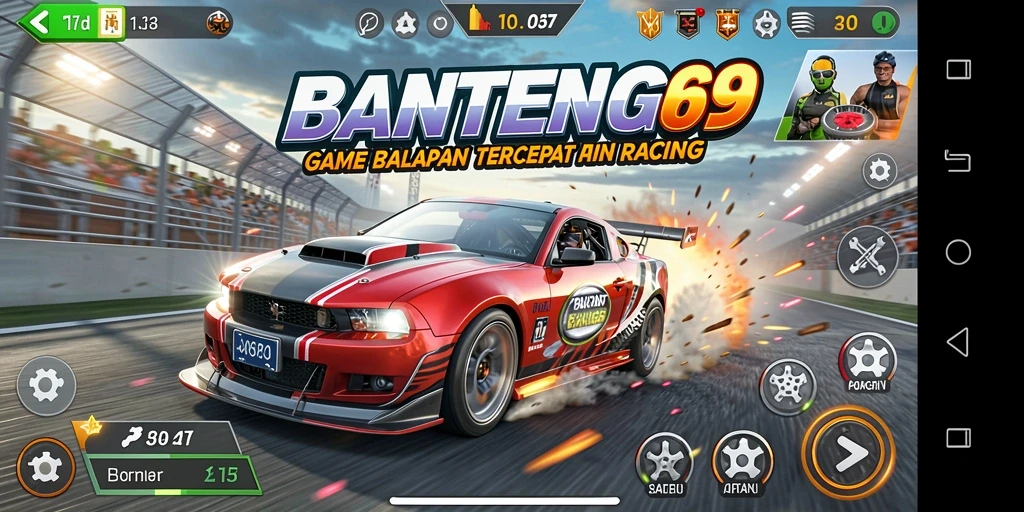 Screenshot utama BANTENG69 menampilkan aksi balapan yang seru dan intens.