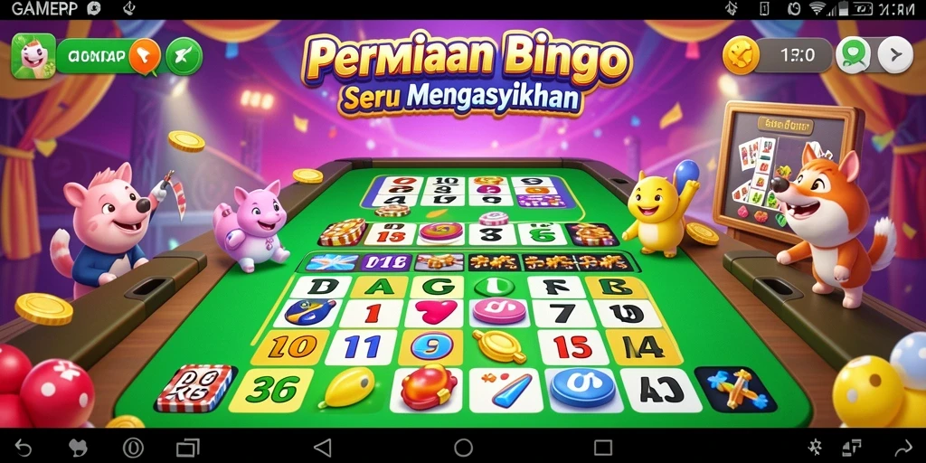 Tampilan screenshot dari gameplay seru dalam GAMERP menunjukkan suasana Bingo yang penuh warna.