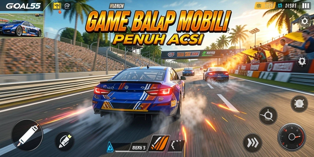 Tampilan seru gameplay balap mobil di GOAL55 dengan mobil yang melaju kencang.