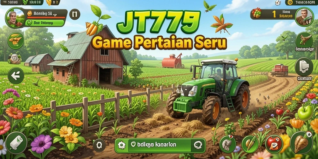 Screenshot memperlihatkan gameplay JT777 dengan tampilan ladang yang subur.