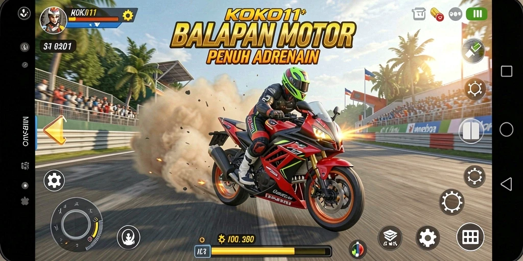 Gameplay KOKO11 menampilkan balapan motor yang seru dan kompetitif.