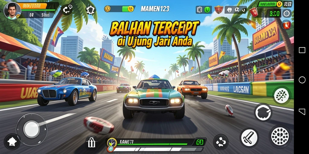 Screenshot MAMEN123 menunjukkan aksi balapan yang mendebarkan.
