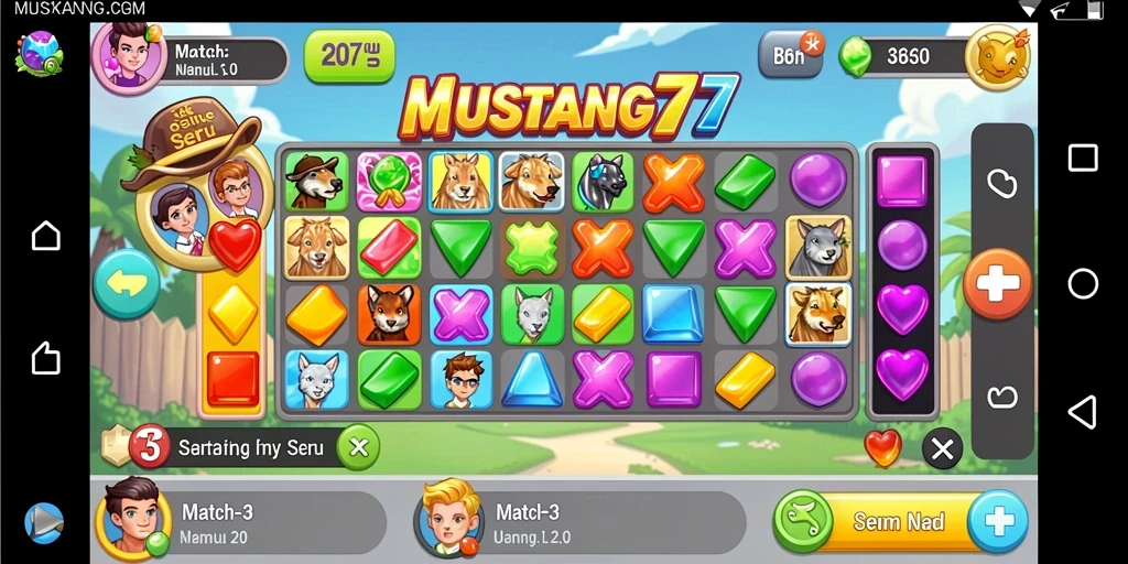 Screenshot permainan MUSTANG77 yang menampilkan keseruan gameplay Match-3.