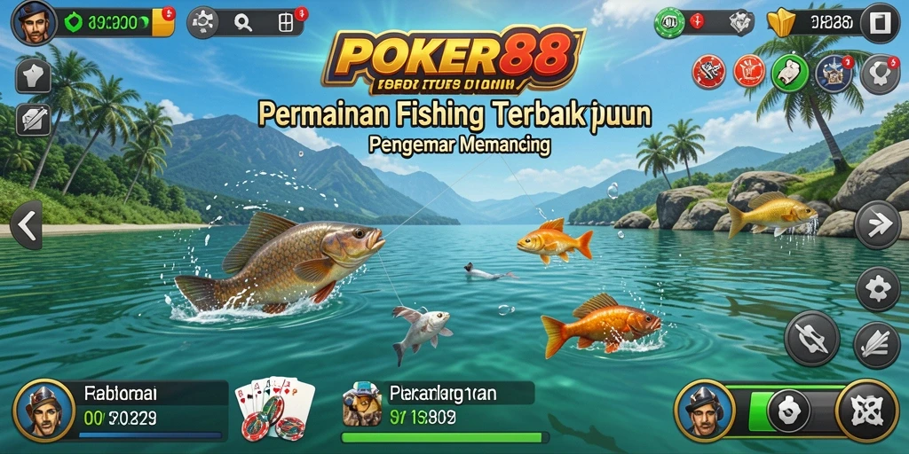 Screenshot gameplay <strong>POKER88</strong> menampilkan aksi seru memancing di laut yang indah.