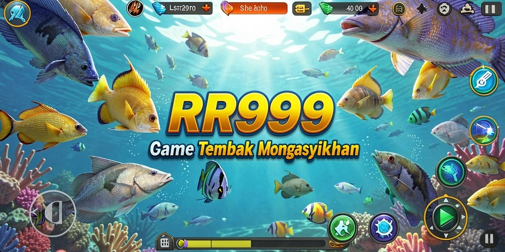 Screenshot gameplay <strong>RR999</strong>, tunjukkan ikan yang menantang dan senjata yang digunakan.